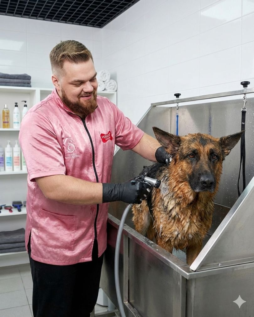 Samuel Castro tosando cachorro profissionalmente